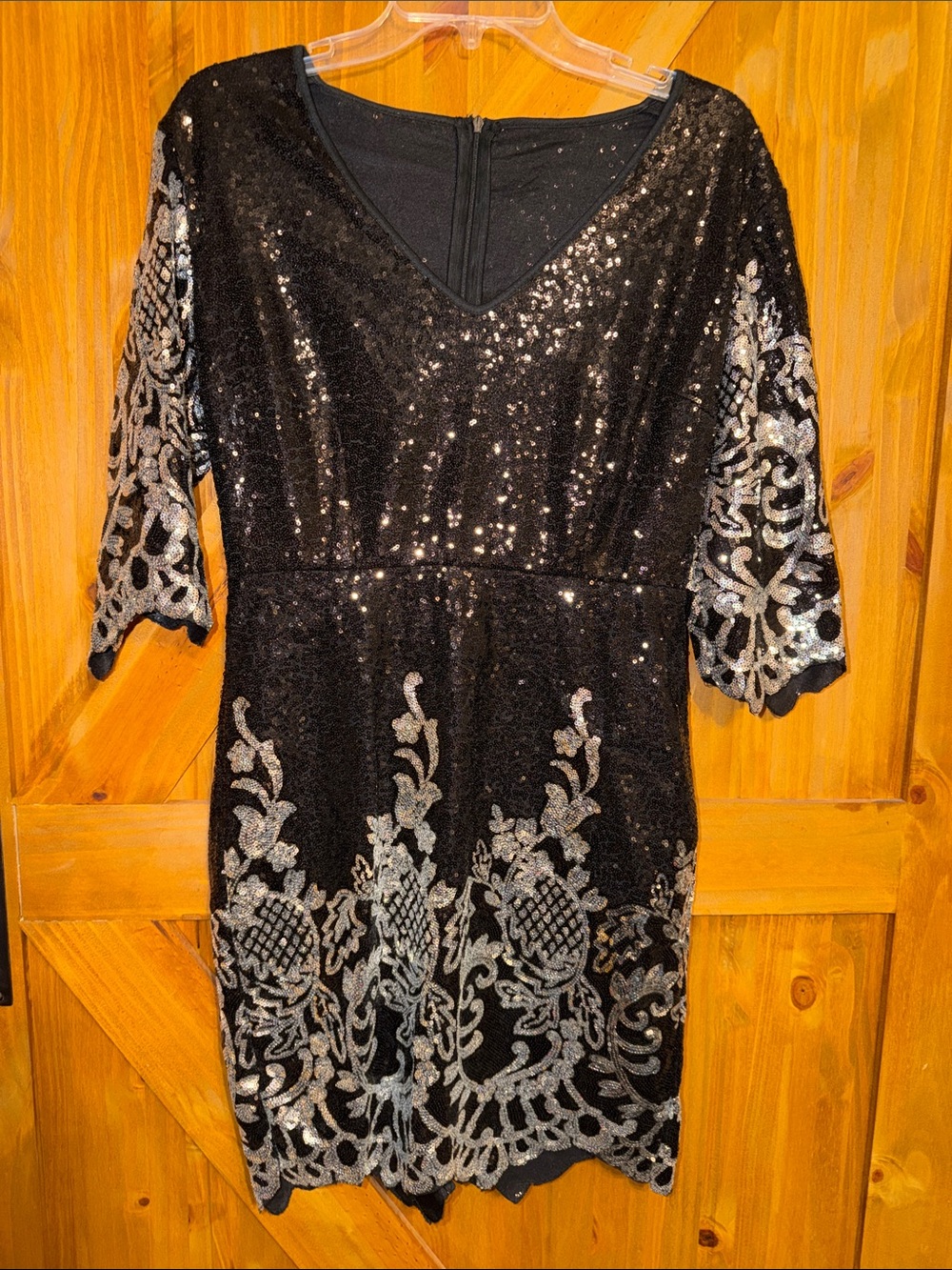 Black Sequin & Silver Embroidered Evening Dress